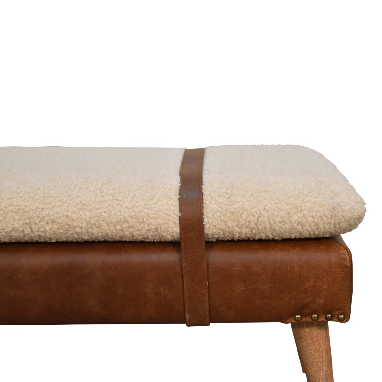 Bouclé Buffalo Hide Leather Bench - Shady Oak and Ivory