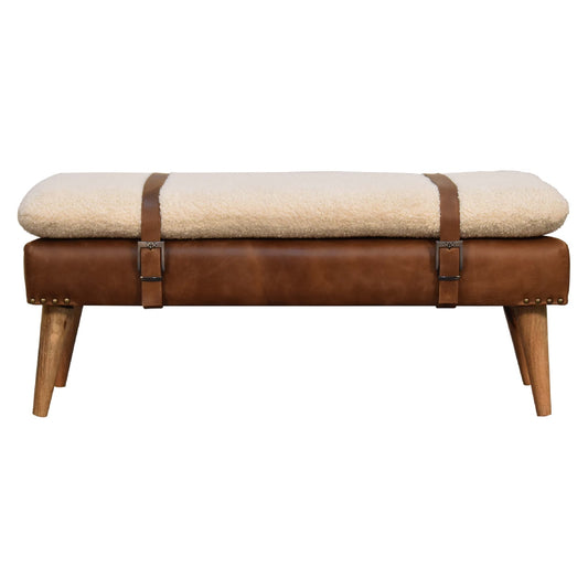 Bouclé Buffalo Hide Leather Bench - Shady Oak and Ivory