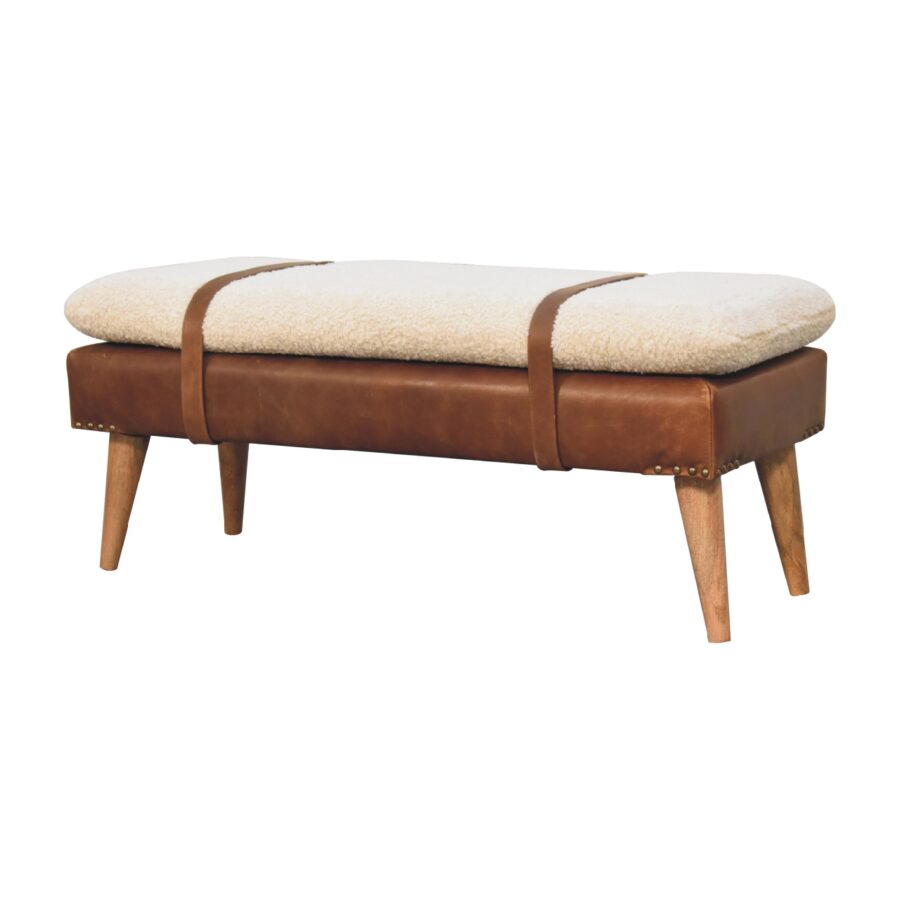 Bouclé Buffalo Hide Leather Bench - Shady Oak and Ivory