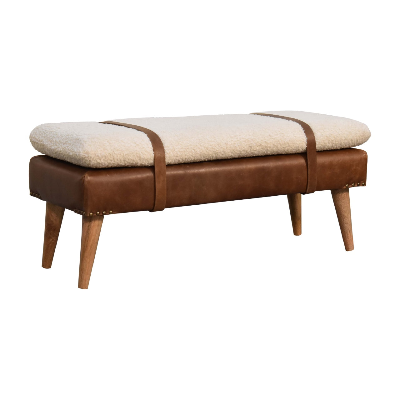 Bouclé Buffalo Hide Leather Bench - Shady Oak and Ivory