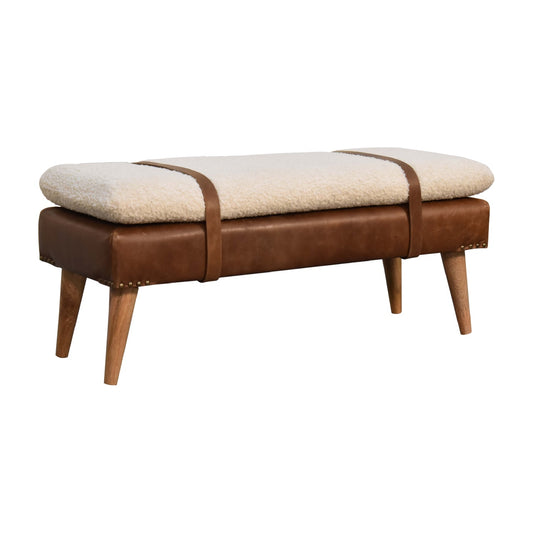 Bouclé Buffalo Hide Leather Bench - Shady Oak and Ivory