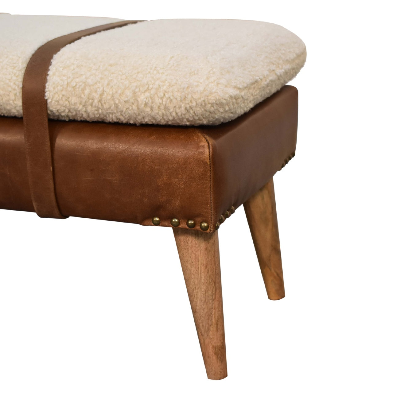 Bouclé Buffalo Hide Leather Bench - Shady Oak and Ivory