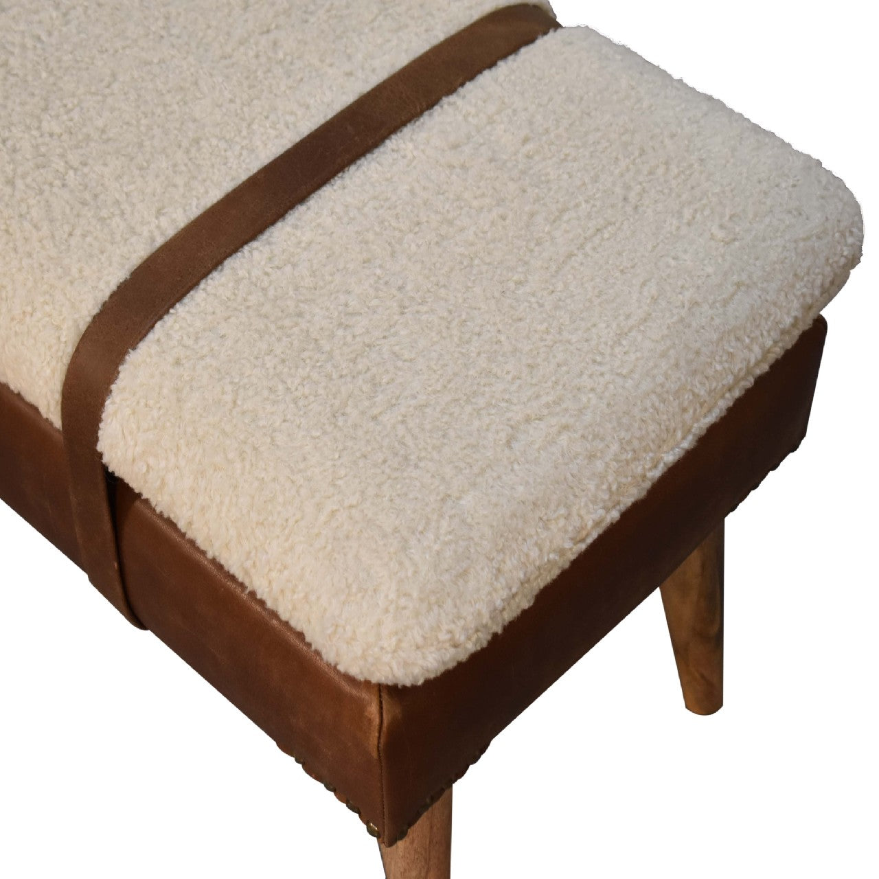Bouclé Buffalo Hide Leather Bench - Shady Oak and Ivory