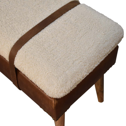 Bouclé Buffalo Hide Leather Bench - Shady Oak and Ivory
